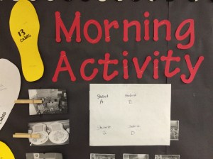 The top of my Morning Activity Chart. Students unpack and check the chart to find their activity. I place the student's picture beside the morning activity picture. Each afternoon, one student goes and rotates the activity pictures in a special order for the next day.