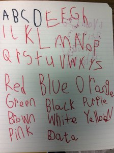 A student wrote the alphabet and color words during "Write the Room."