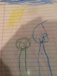 This is a drawing from August. You can clearly see two friends. The author added details like a sun and grass. 